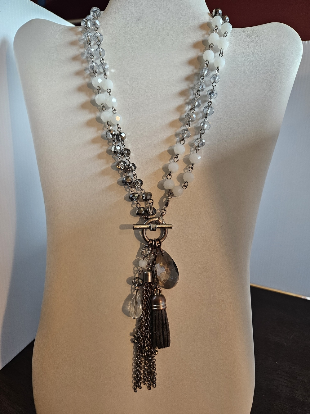 Premier Designs London Fog Elegant Multi-Strand White and Gray Tassel  Necklace